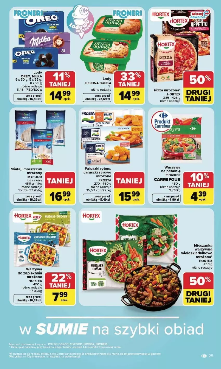 Gazetka promocyjna Carrefour - Gazetka Carrefour, Market w SUMIE najlepszy, od poniedziałku - ważna 21.09 do 26.09.2026 - strona 27 - produkty: Frosta, Hortex, LG, Lody, Mieszanka warzyw, Milka, Mintaj, Paluszki rybne, Pizza, Ser, Warzywa