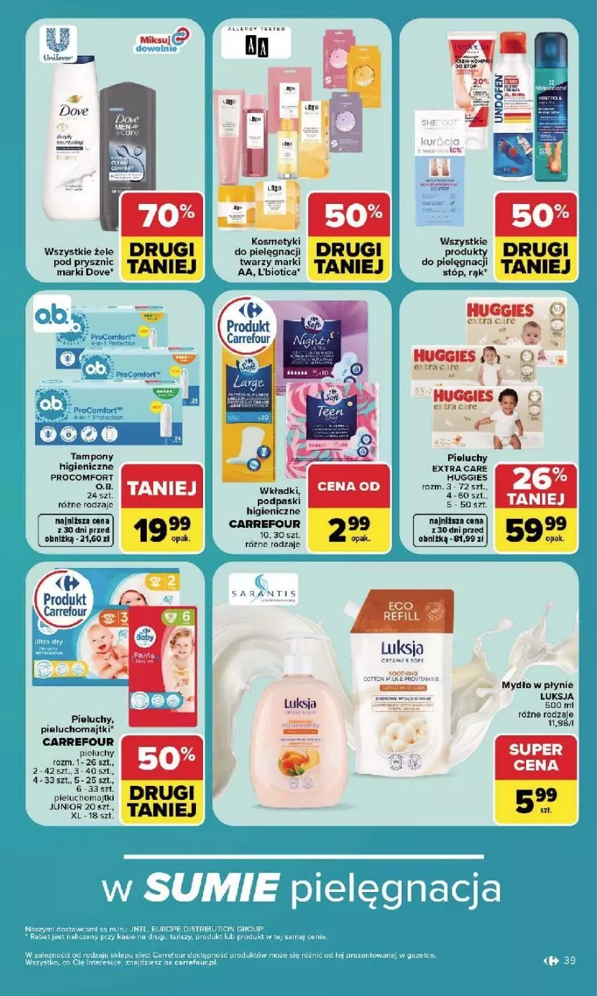 Gazetka promocyjna Carrefour - Gazetka Carrefour, Market w SUMIE najlepszy, od poniedziałku - ważna 21.09 do 26.09.2026 - strona 41 - produkty: Dove, Huggies, Kosmetyki do pielęgnacji, Luksja, Majtki, Mydło, Mydło w płynie, O.B., Pieluchomajtki, Pieluchy, Podpaski, Tampony, Wkładki