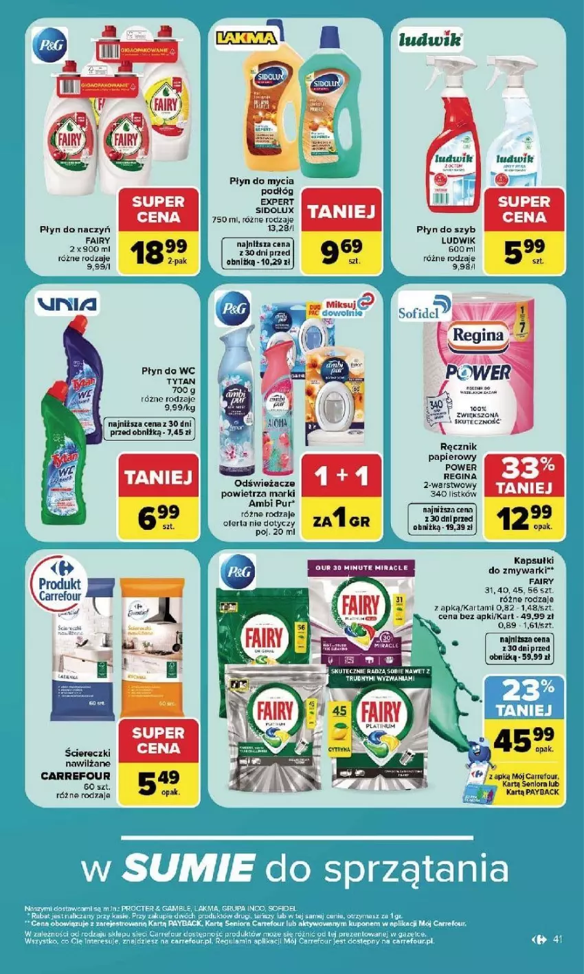 Gazetka promocyjna Carrefour - Gazetka Carrefour, Market w SUMIE najlepszy, od poniedziałku - ważna 21.09 do 26.09.2026 - strona 43 - produkty: Ambi Pur, Fa, Fairy, Gin, Papier, Płyn do mycia, Płyn do szyb, Płyn do wc, Pur, Sidolux, Tytan, Zmywarki