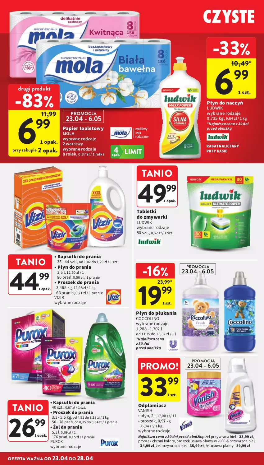 Gazetka promocyjna Intermarche - Gazetka promocyjna - ważna 23.04 do 28.04.2026 - strona 40 - produkty: Coccolino, Kapsułki do prania, Ludwik, Mola, Odplamiacz, Papier, Papier toaletowy, Płyn do płukania, Płyn do prania, Proszek do prania, Pur, Tablet, Tabletki do zmywarki, Vanish, Vizir, Zmywarki