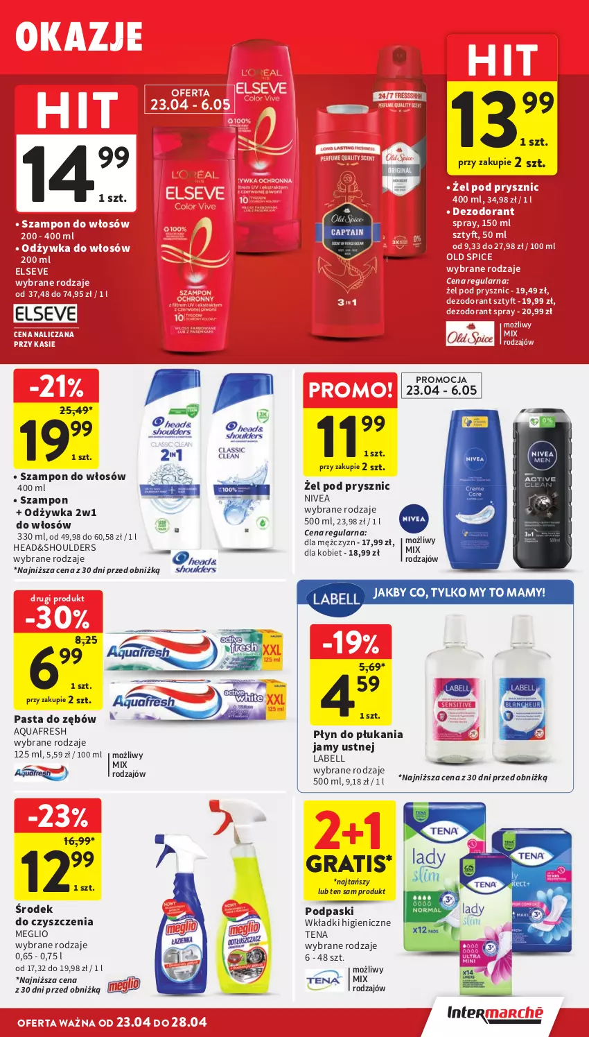 Gazetka promocyjna Intermarche - Gazetka promocyjna - ważna 23.04 do 28.04.2026 - strona 41 - produkty: Aquafresh, Bell, Dezodorant, Elseve, Gra, Nivea, Odżywka, Old Spice, Pasta do zębów, Płyn do płukania, Płyn do płukania jamy ustnej, Podpaski, Szampon, Wkładki