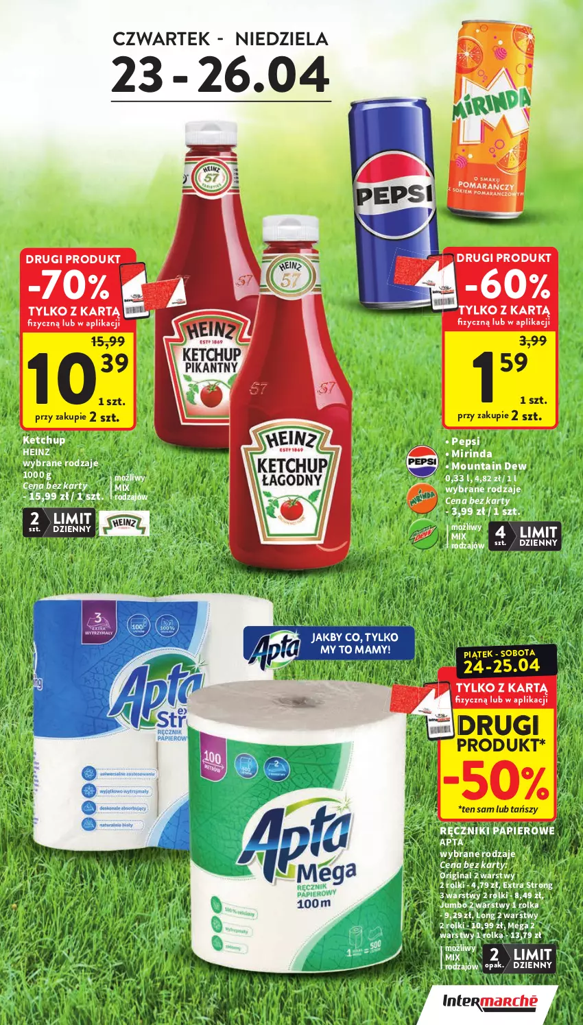 Gazetka promocyjna Intermarche - Gazetka promocyjna - ważna 23.04 do 28.04.2026 - strona 5 - produkty: Gin, Heinz, Ketchup, Mirinda, Papier, Pepsi, Ręcznik, Ręczniki papierowe, Rolki
