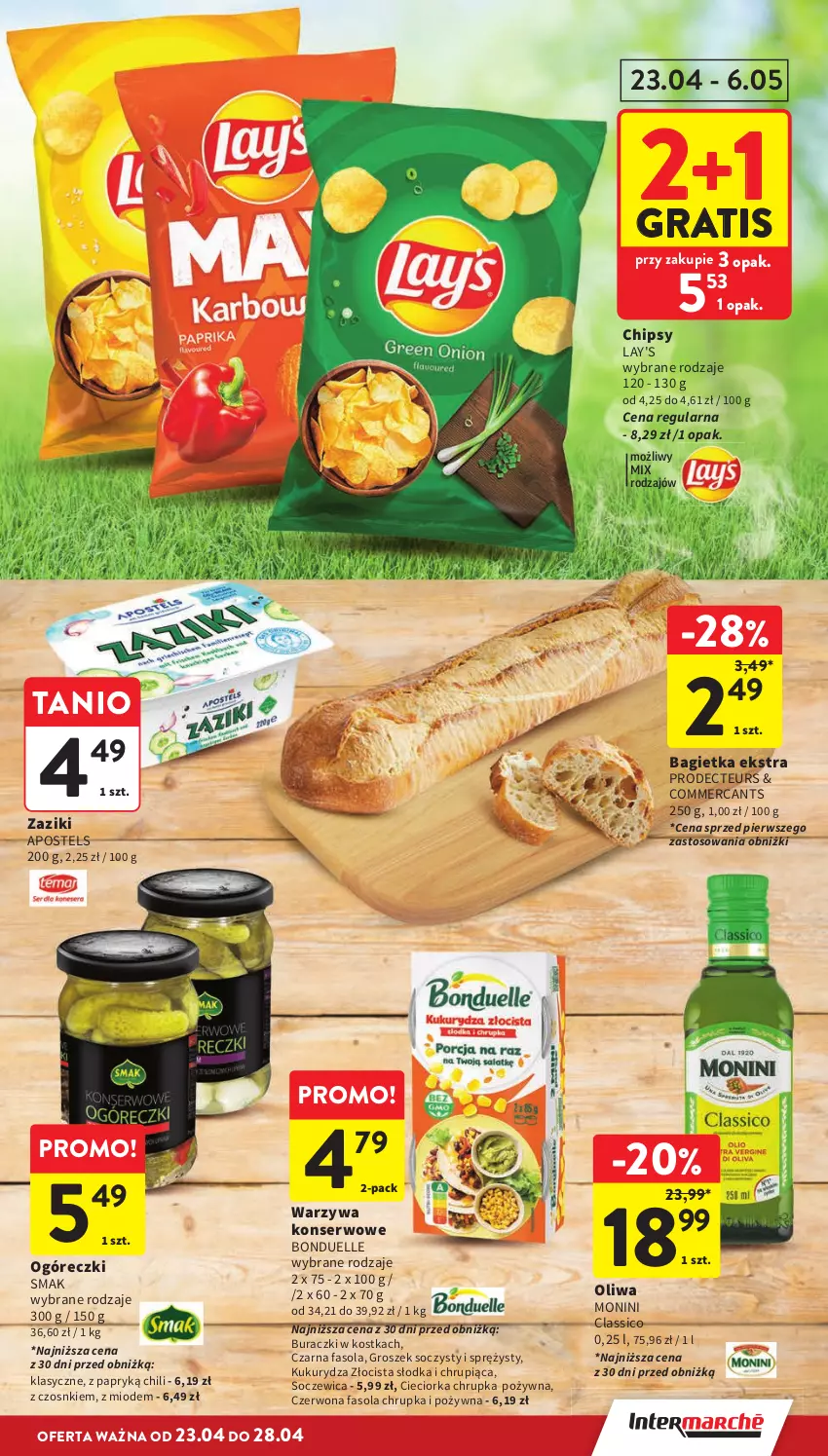 Gazetka promocyjna Intermarche - Gazetka promocyjna - ważna 23.04 do 28.04.2026 - strona 9 - produkty: Bagietka, Bonduelle, Buraczki, Chipsy, Cieciorka, Fa, Fasola, Gra, Groszek, Kukurydza, Monini, Oliwa, Orka, Ser, Warzywa, Warzywa konserwowe