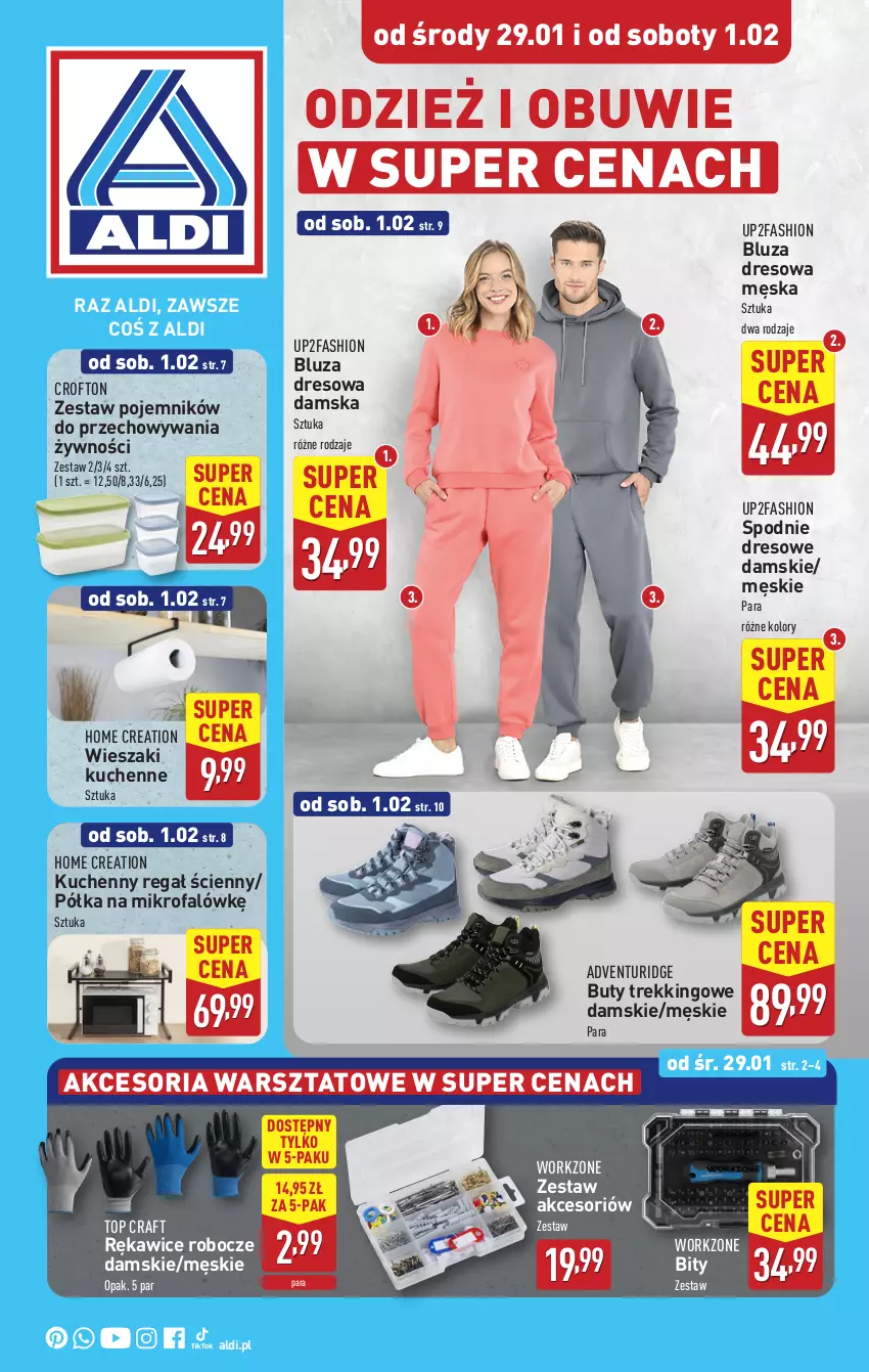 Gazetka promocyjna Aldi - Artykuły przemysłowe i tekstylia - ważna 29.01 do 01.02.2025 - strona 1 - produkty: Bluza, Bluza dresowa, Buty, Dres, Fa, Obuwie, Pojemnik, Półka, Regał, Rękawice, Rękawice robocze, Spodnie, Spodnie dresowe, Top, Wieszak