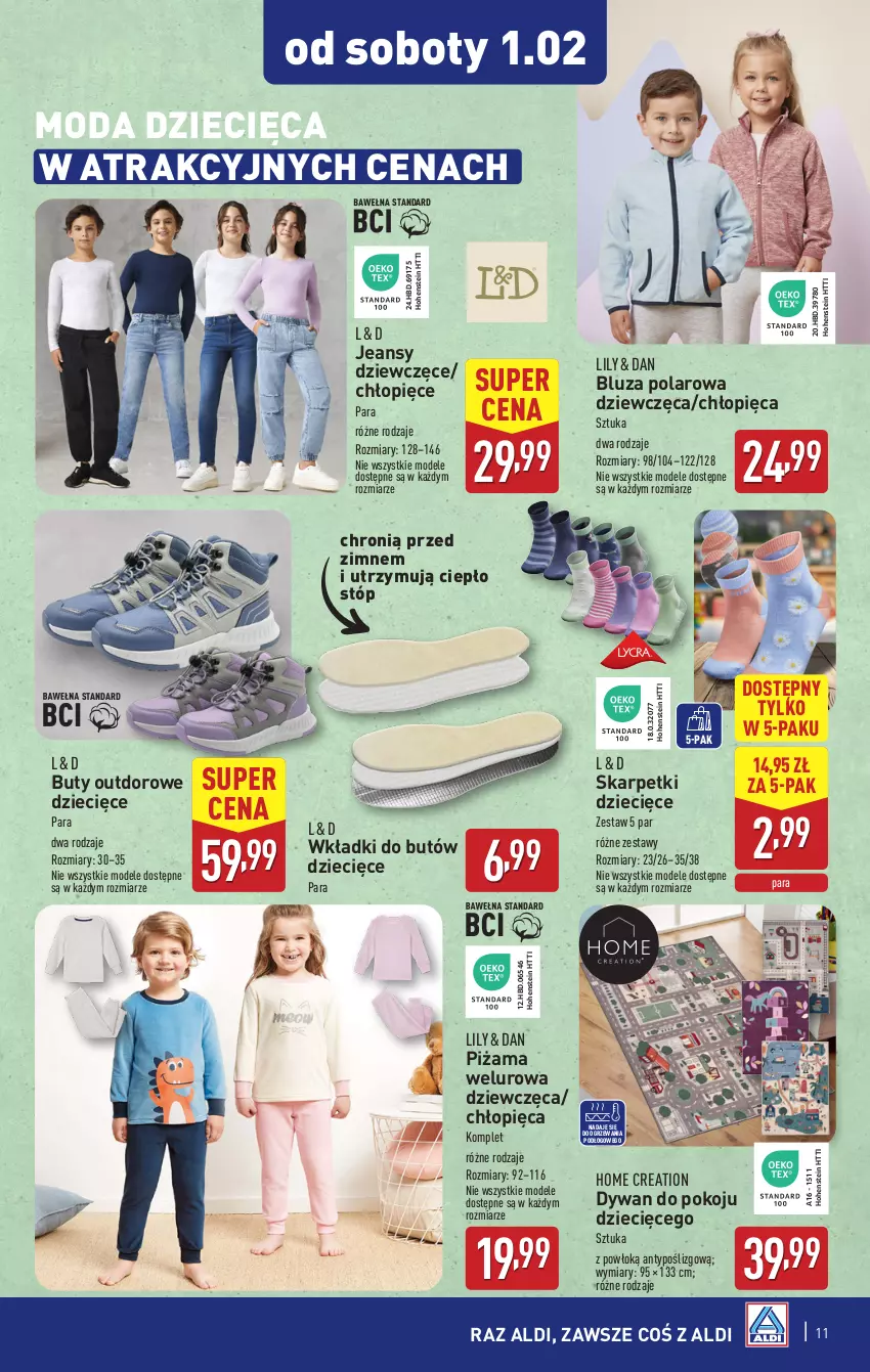 Gazetka promocyjna Aldi - Artykuły przemysłowe i tekstylia - ważna 29.01 do 01.02.2025 - strona 11 - produkty: Bluza, Bluza polarowa, Buty, Dywan, Dzieci, Karp, Moda, Piżama, Skarpetki, Wkładki