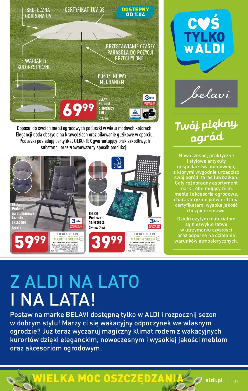 Gazetka promocyjna Aldi - Pełen katalog - ważna 27.03 do 02.04.2023 - strona 31 - produkty: Krzesło, Krzesło składane, Meble, Ogród, Parasol, Piec, Poduszka, Por, Sok, Tera