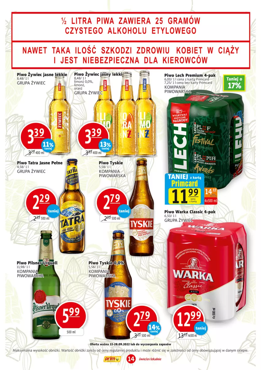 Gazetka promocyjna Prim Market - ważna 22.09 do 28.09.2022 - strona 14 - produkty: Lech Premium, Piwo, Sok, Tatra, Tyskie, Warka
