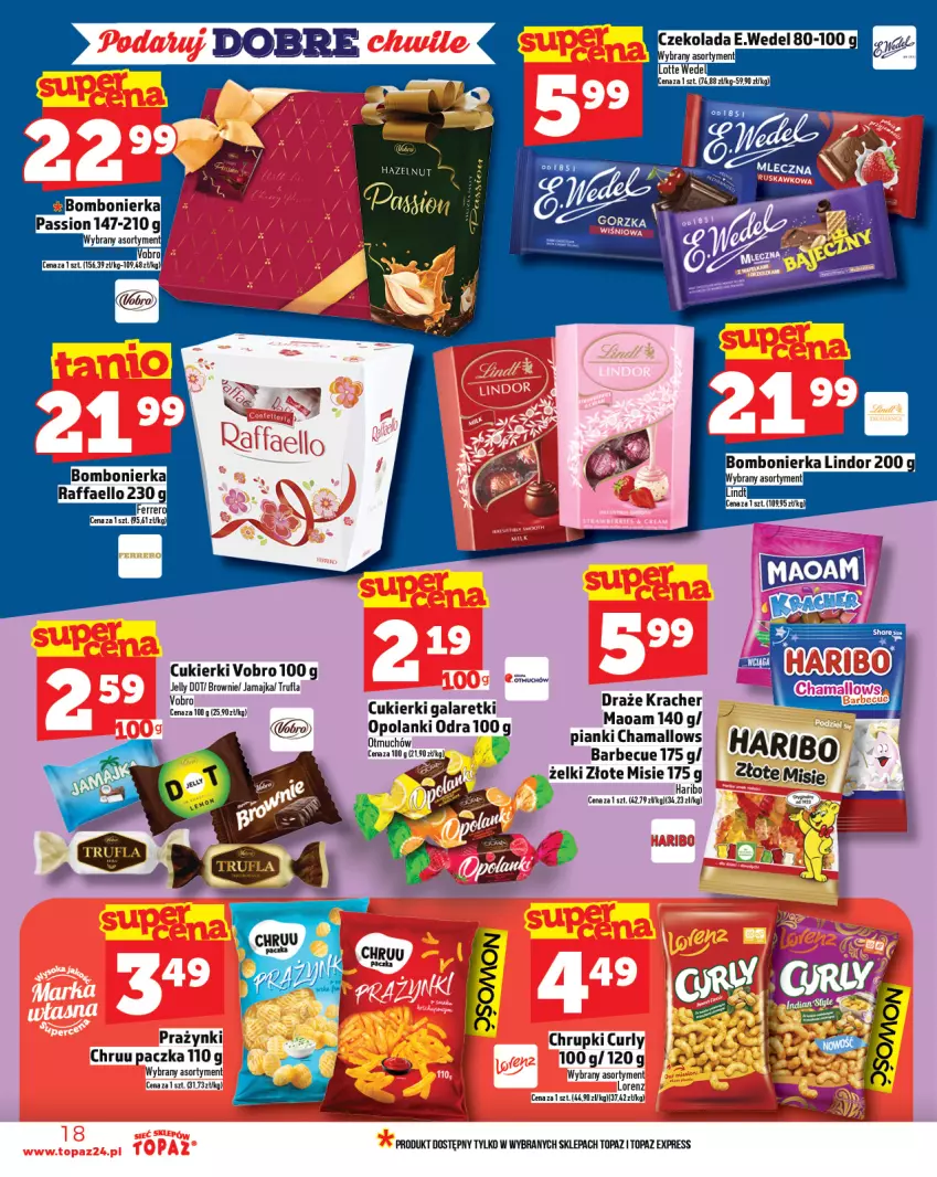 Gazetka promocyjna Topaz - Gazetka - ważna 26.06 do 02.07.2025 - strona 18 - produkty: Brownie, Chrupki, Cukier, Cukierki, Fa, Gala, Galaretki, Haribo, Lanki, Lindor, Lorenz, Raffaello, Top