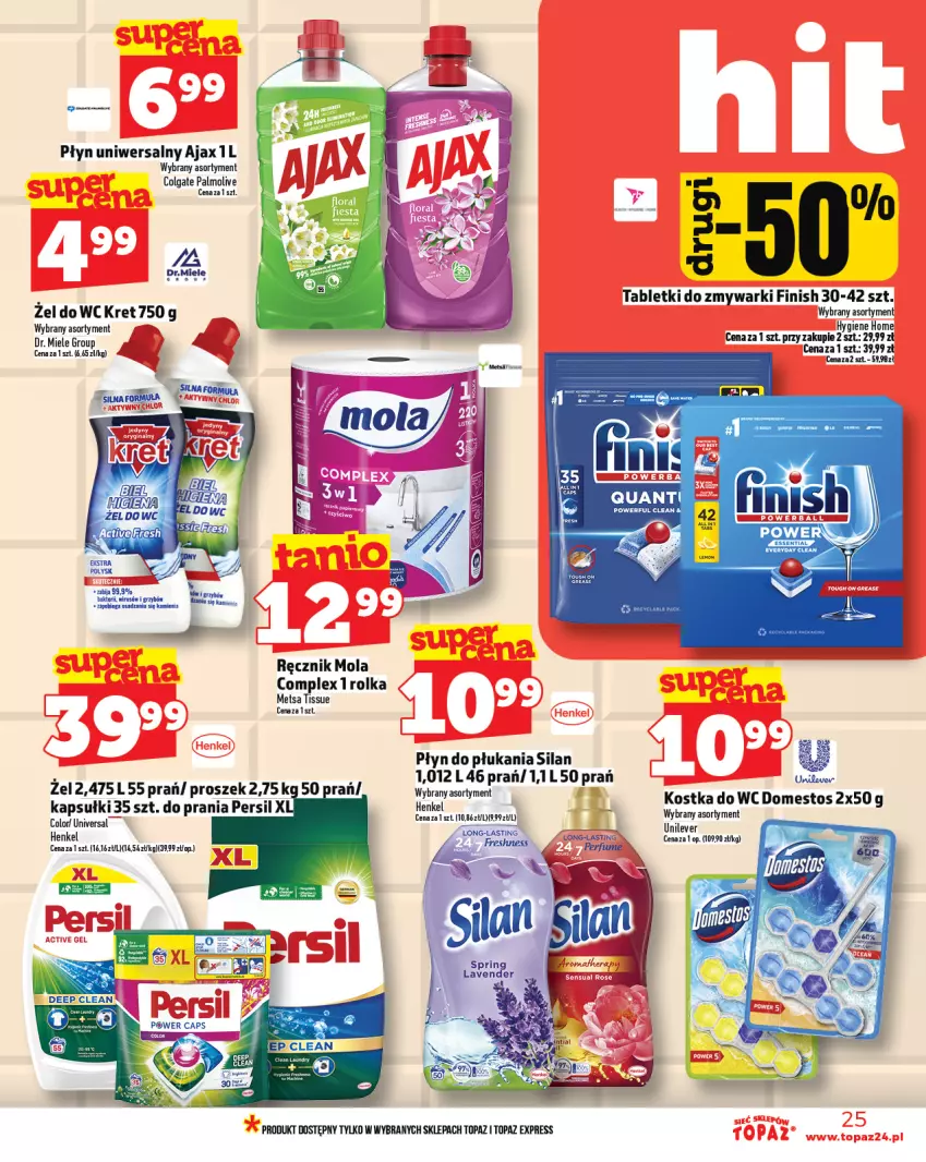 Gazetka promocyjna Topaz - Gazetka - ważna 26.06 do 02.07.2025 - strona 25 - produkty: Ajax, Colgate, Domestos, Finish, Kostka do wc, Kret, LG, Mola, Palmolive, Persil, Płyn do płukania, Por, Ręcznik, Silan, Tablet, Tabletki do zmywarki, Top, Zmywarki