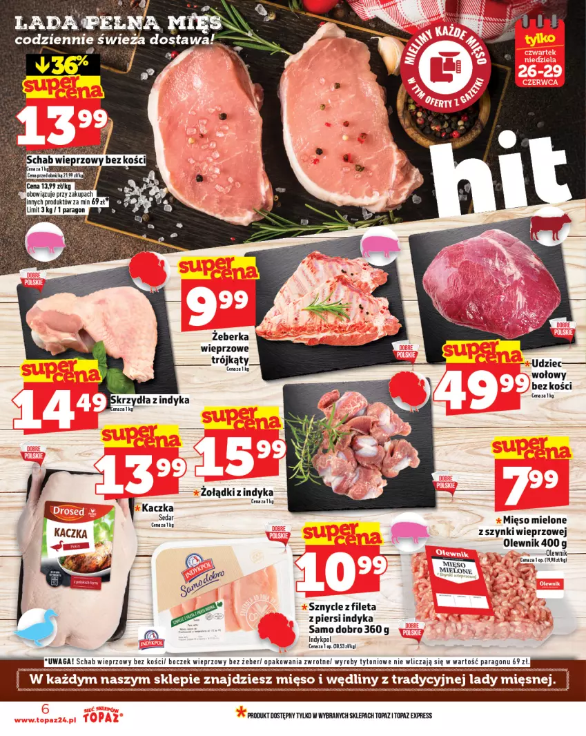 Gazetka promocyjna Topaz - Gazetka - ważna 26.06 do 02.07.2025 - strona 6 - produkty: Boczek, Boczek wieprzowy, Kaczka, Mięso, Mięso mielone, Olewnik, Schab wieprzowy, Top, Udziec wołowy, Waga
