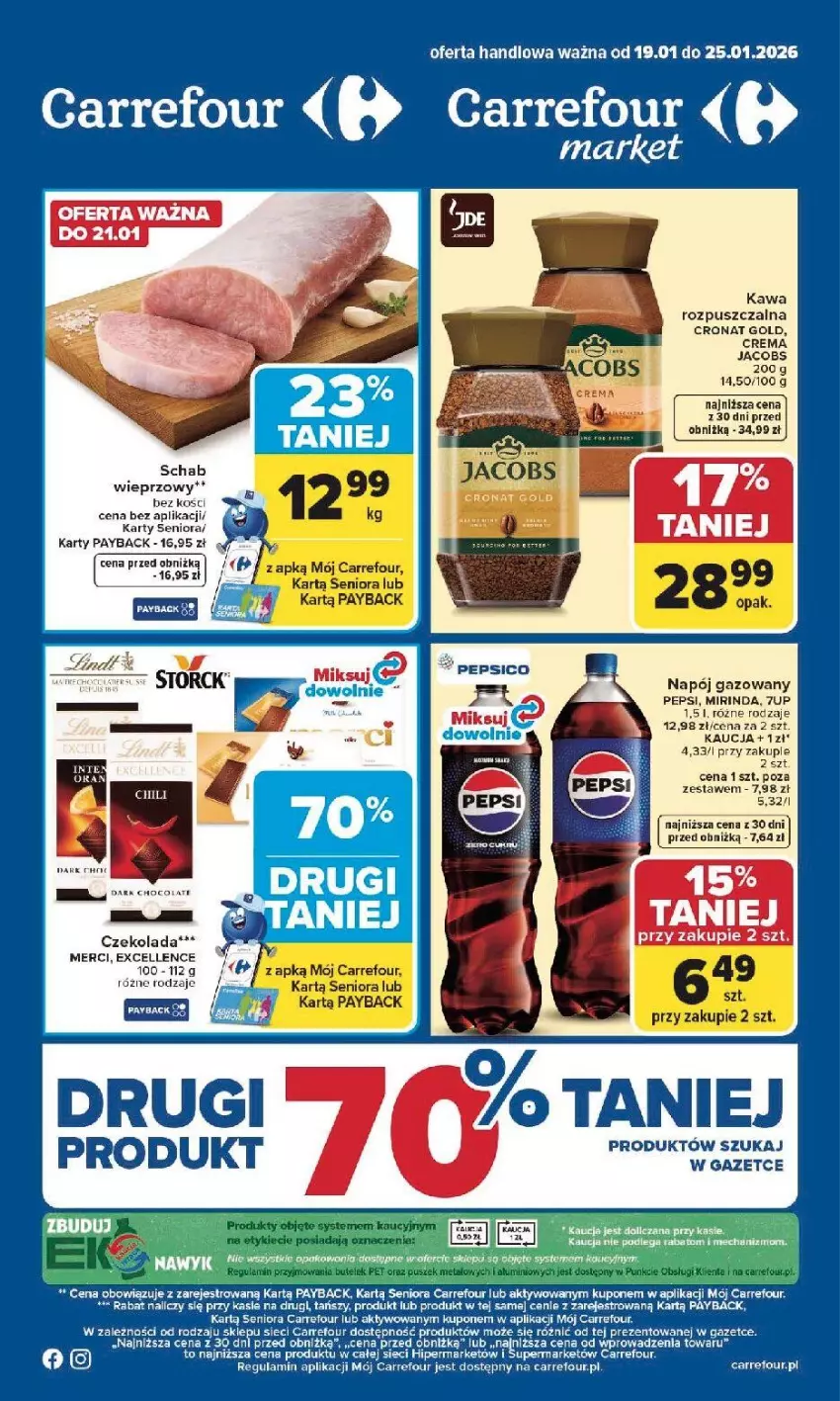 Gazetka promocyjna Carrefour - Gazetka Carrefour, Market od poniedziałku! - ważna 19.01 do 25.01.2026 - strona 1 - produkty: 7up, Czekolada, Jacobs, Kawa, Kawa rozpuszczalna, Merci, Mirinda, Napój, Napój gazowany, Pepsi, Ser