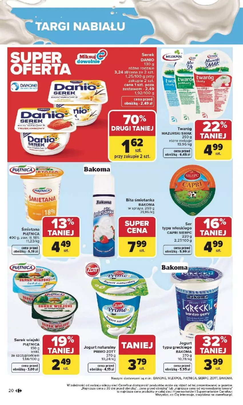 Gazetka promocyjna Carrefour - Gazetka Carrefour, Market od poniedziałku! - ważna 19.01 do 25.01.2026 - strona 22 - produkty: Bakoma, Danio, Danone, Jogurt, Jogurt naturalny, Piątnica, Ser, Serek, Twaróg, Zott