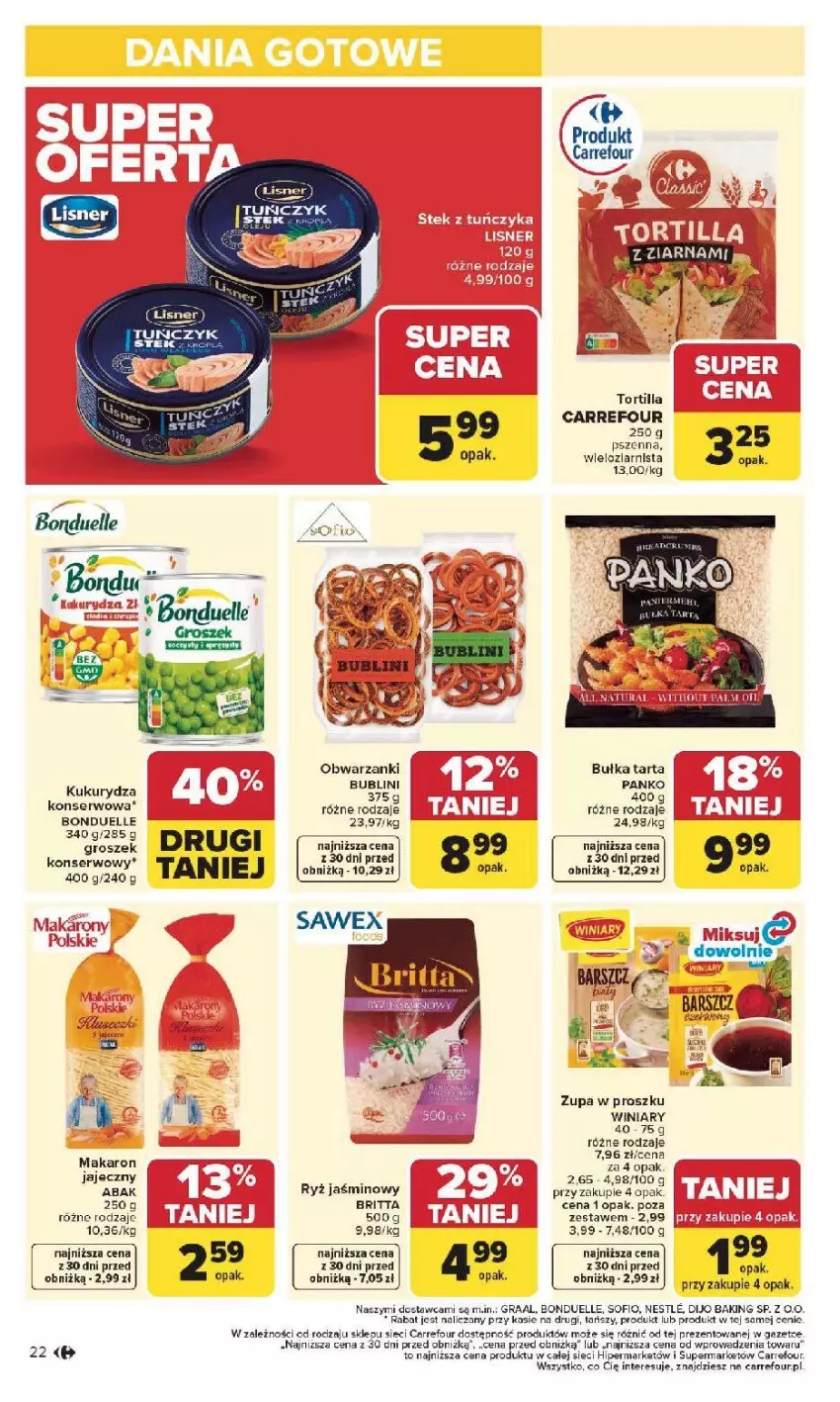 Gazetka promocyjna Carrefour - Gazetka Carrefour, Market od poniedziałku! - ważna 19.01 do 25.01.2026 - strona 24 - produkty: Bonduelle, Brit, Bułka, Bułka tarta, Fa, Gra, Graal, Groszek, Kukurydza, Kukurydza konserwowa, Makaron, Ryż, Ser, Tarta, Tortilla, Tuńczyk, Winiary, Zupa