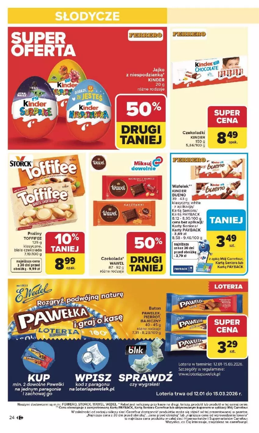 Gazetka promocyjna Carrefour - Gazetka Carrefour, Market od poniedziałku! - ważna 19.01 do 25.01.2026 - strona 26 - produkty: Czekolada, Ferrero, Gra, Kinder, Kinder Bueno, Piec, Praliny, Toffifee, Wawel