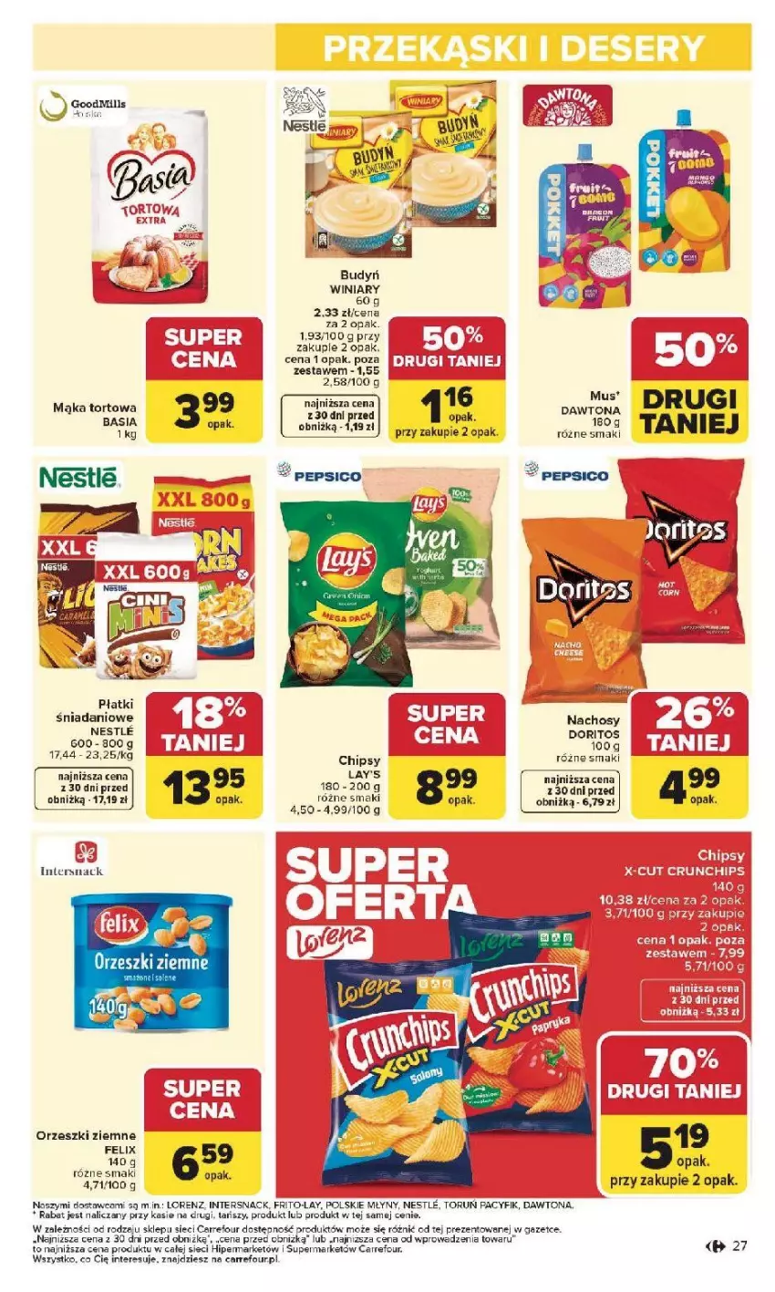 Gazetka promocyjna Carrefour - Gazetka Carrefour, Market od poniedziałku! - ważna 19.01 do 25.01.2026 - strona 29 - produkty: Chipsy, Crunchips, Danio, Dawtona, Fa, Felix, LANA, Lorenz, Mąka, Mąka tortowa, Orzeszki, Orzeszki ziemne, Pepsi, Polskie Młyny, Solan, Winiary