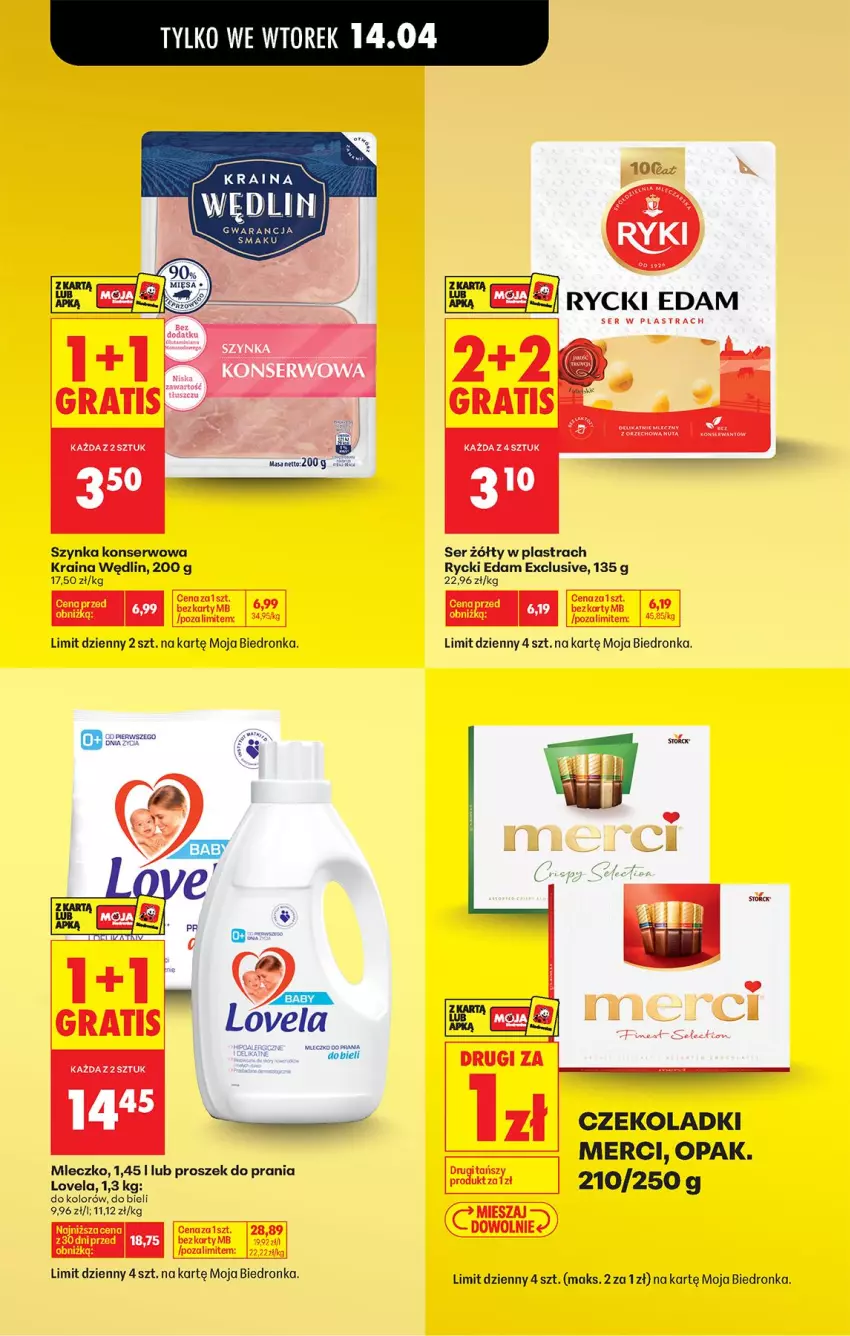 Gazetka promocyjna Biedronka - Od Poniedziałku - ważna 13.04 do 18.04.2026 - strona 13 - produkty: Edam, Gra, Lovela, Merci, Mleczko, Proszek do prania, Rycki Edam, Ser, Szynka, Szynka konserwowa
