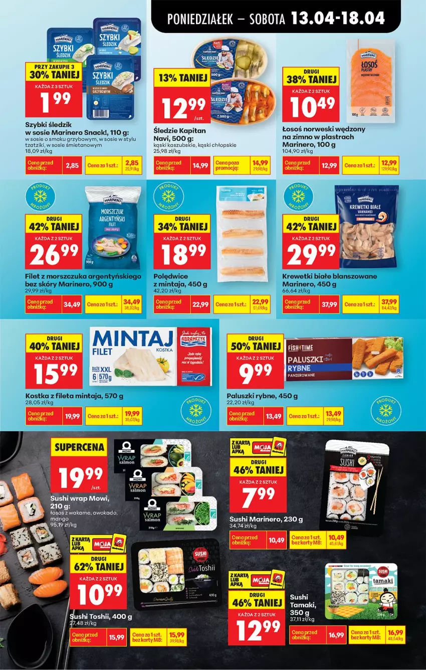 Gazetka promocyjna Biedronka - Od Poniedziałku - ważna 13.04 do 18.04.2026 - strona 41 - produkty: Fa, Filet z morszczuka, Krewetki, Mintaj, Paluszki rybne, Sos, Sushi