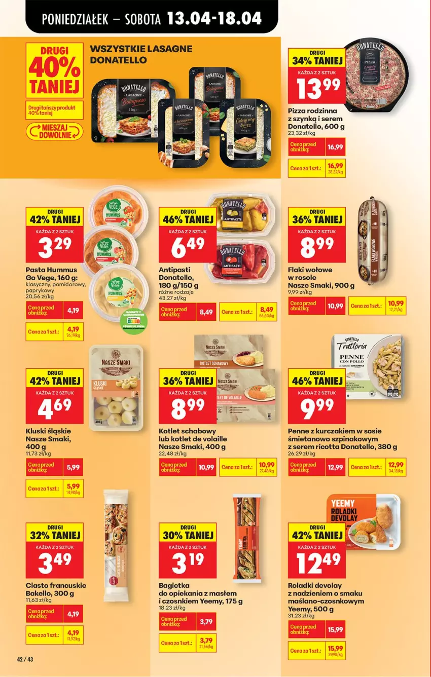 Gazetka promocyjna Biedronka - Od Poniedziałku - ważna 13.04 do 18.04.2026 - strona 50 - produkty: Bagietka, Ciasto francuskie, Fa, Flaki, Flaki wołowe, Hummus, Kotlet, Kurczak, Lasagne, Mus, Penne, Pizza, Ricotta, Ser, Sos, Szpinak