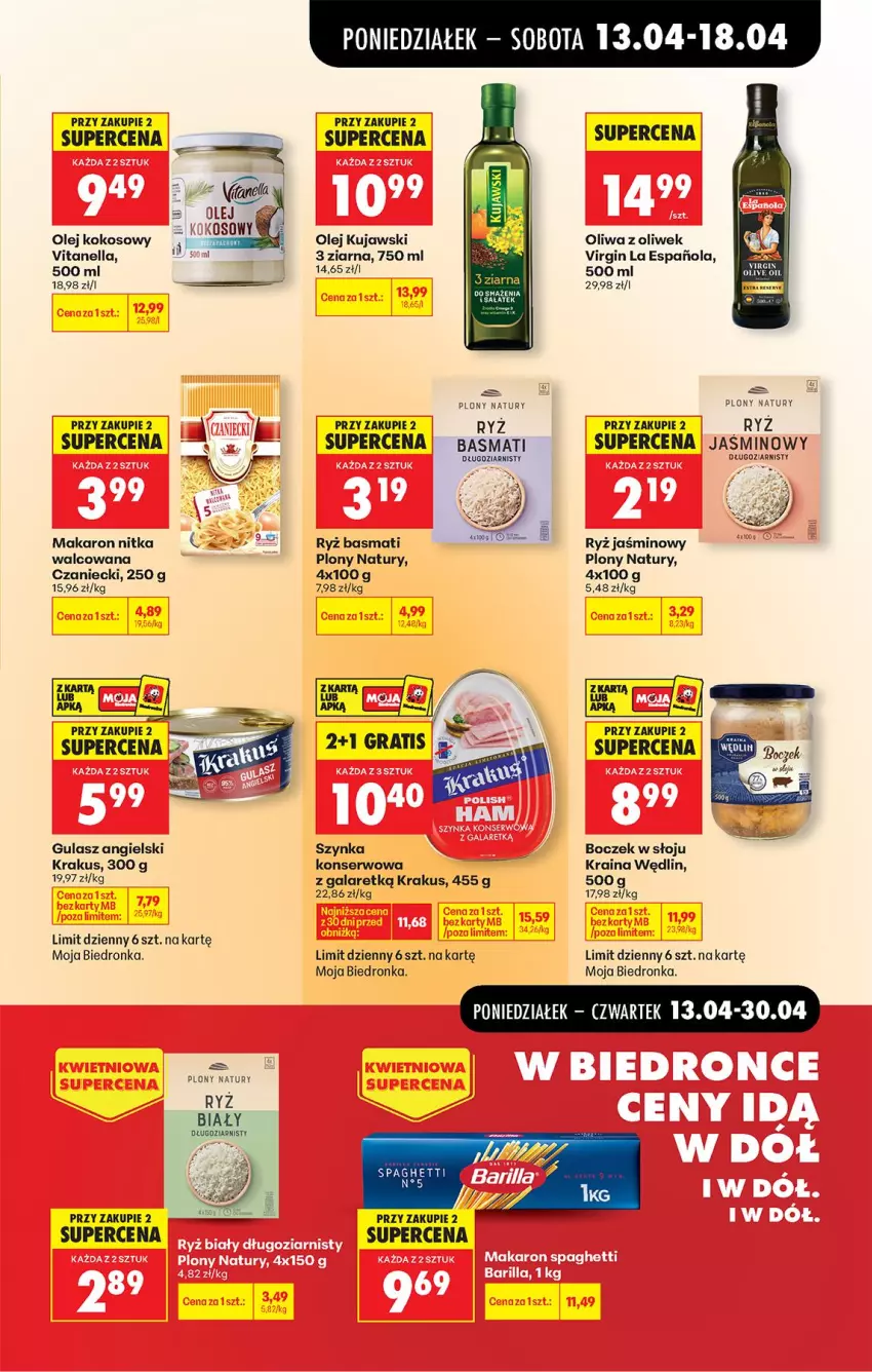 Gazetka promocyjna Biedronka - Od Poniedziałku - ważna 13.04 do 18.04.2026 - strona 53 - produkty: Boczek, Fa, Gala, Gin, Kokos, Krakus, Kujawski, Makaron, Olej, Olej kokosowy, Oliwa, Oliwa z oliwek, Ryż, Ryż basmati, Ryż biały, Ser, Szynka, Szynka konserwowa