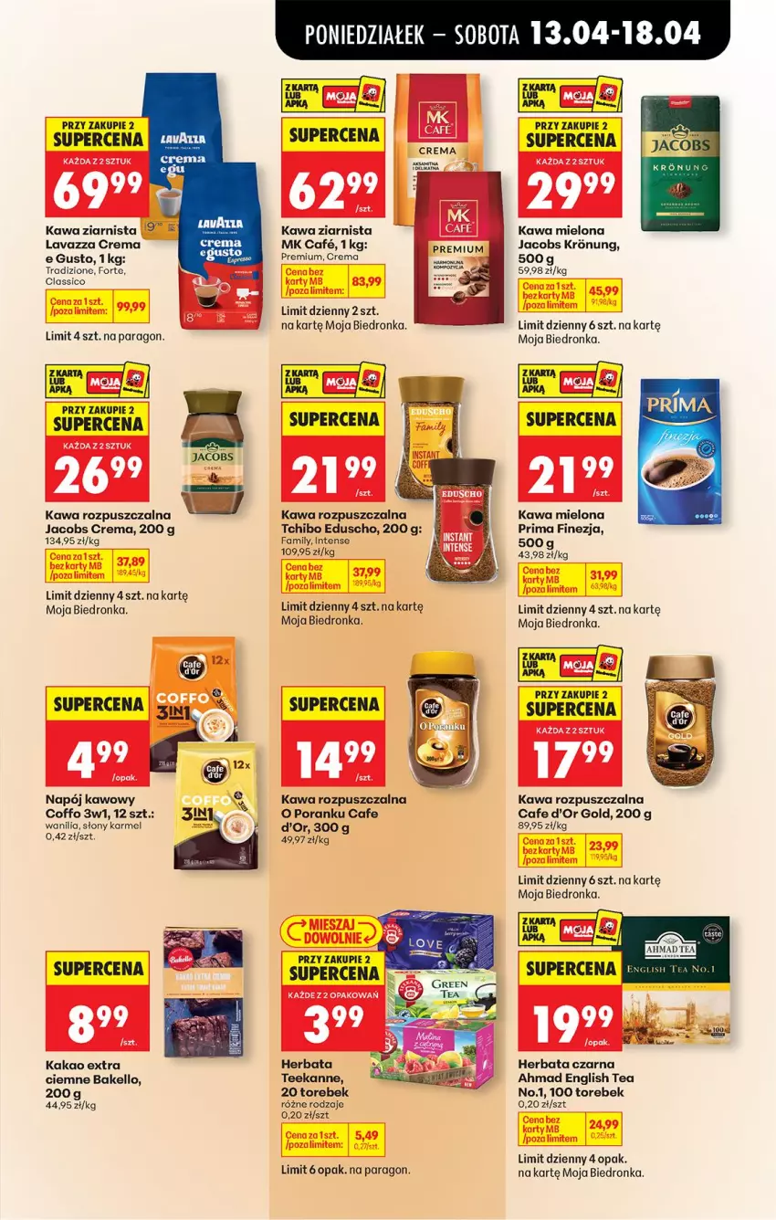 Gazetka promocyjna Biedronka - Od Poniedziałku - ważna 13.04 do 18.04.2026 - strona 61 - produkty: Fa, Herbata, Herbata czarna, Jacobs, Kakao, Kawa, Kawa mielona, Kawa rozpuszczalna, Kawa ziarnista, Lavazza, Napój, Por, Prima, Tchibo, Teekanne