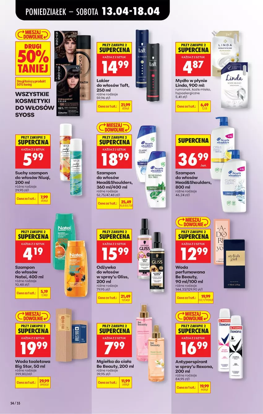 Gazetka promocyjna Biedronka - Od Poniedziałku - ważna 13.04 do 18.04.2026 - strona 68 - produkty: Antyperspirant, Be Be, Fa, Lakier, Lakier do włosów, Mleko, Mydło, Mydło w płynie, Odzywka do włosów, Perfum, Rexona, Rum, Suchy szampon, Syoss, Szampon, Taft, Tea tree, Woda, Woda perfumowana, Woda toaletowa