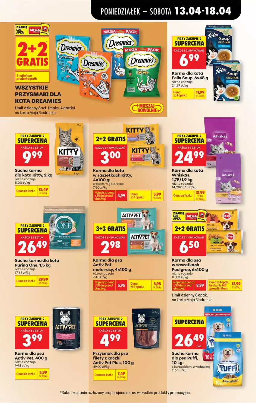 Gazetka promocyjna Biedronka - Od Poniedziałku - ważna 13.04 do 18.04.2026 - strona 79 - produkty: Felix, Gala, Gra, Kurczak, Pedigree, Por, Przysmak dla psa, Przysmaki, Puf, Pur, Purina, Sos, Sucha karma, Whiskas