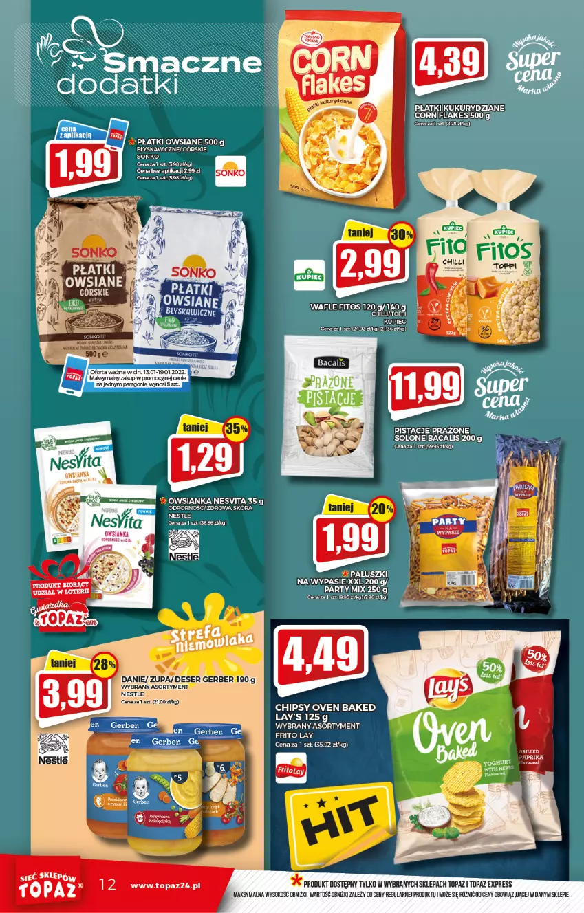 Gazetka promocyjna Topaz - Gazetka - ważna 13.01 do 19.01.2022 - strona 12 - produkty: Chipsy, Deser, Gerber, Kupiec, Owsianka, Piec, Pistacje, Płatki owsiane, Por, Ser, Sok, Sonko, Top, Wafle, Zupa