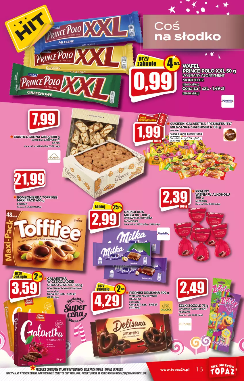 Gazetka promocyjna Topaz - Gazetka - ważna 13.01 do 19.01.2022 - strona 13 - produkty: Ciastka, Cukier, Cukierki, Czekolada, Gala, Galaretka, Isana, Milka, Mop, Olej, Orka, Piernik, Ryż, Sok, Toffifee, Top, Wawel