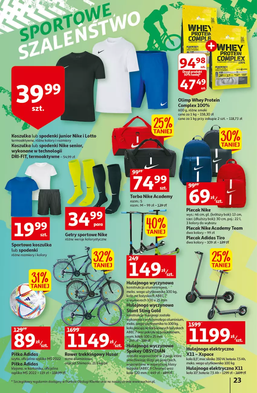 Gazetka promocyjna Auchan - Szkoła oszczędzania Temat PrzeAtrakcje cenowe Hipermarkety - ważna 18.08 do 24.08.2022 - strona 23 - produkty: Adidas, Bateria, Hulajnoga, Hulajnoga elektryczna, Klej, Kosz, Koszulka, Nike, Plecak, Por, Rama, Rower, Sport, Tonik, Torba, Waga