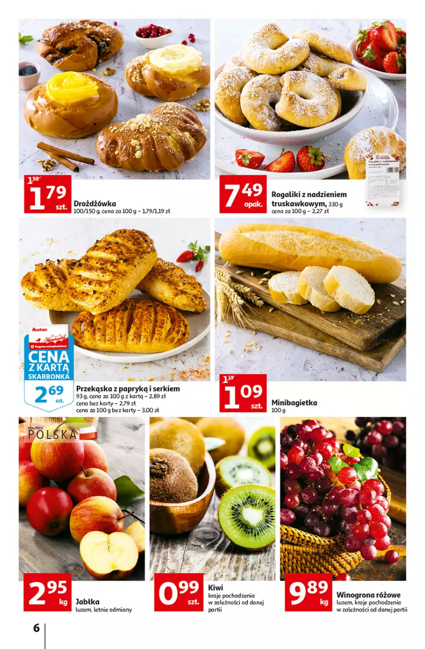 Gazetka promocyjna Auchan - Szkoła oszczędzania Temat PrzeAtrakcje cenowe Hipermarkety - ważna 18.08 do 24.08.2022 - strona 6 - produkty: Bagietka, Kiwi, Rogal, Wino, Winogrona