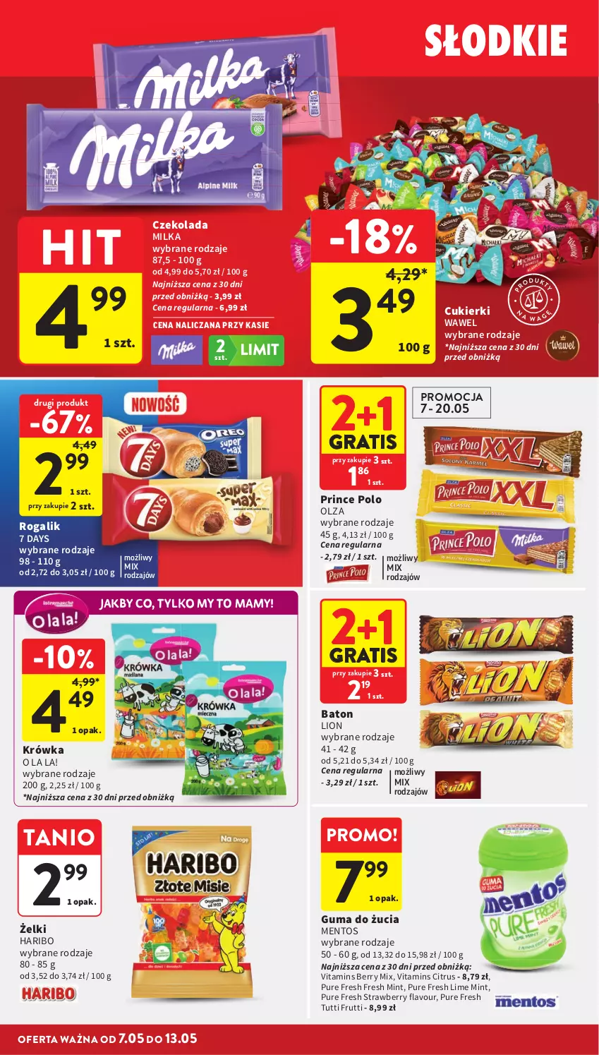 Gazetka promocyjna Intermarche - Gazetka promocyjna - ważna 07.05 do 13.05.2026 - strona 28 - produkty: 7 Days, Baton, Cukier, Cukierki, Czekolada, Gra, Guma do żucia, Haribo, Lion, Mentos, Milka, Prince Polo, Pur, Rogal, Wawel