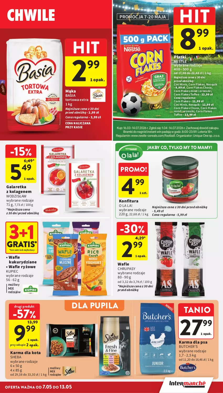 Gazetka promocyjna Intermarche - Gazetka promocyjna - ważna 07.05 do 13.05.2026 - strona 29 - produkty: Basia, Butcher's, Cini Minis, Corn flakes, Gala, Galaretka, Gra, Kolagen, Konfitura, Kupiec, Mąka, Miód, Nesquik, Nestlé, Orzeszki, Piec, Ryż, Sheba, Wafle