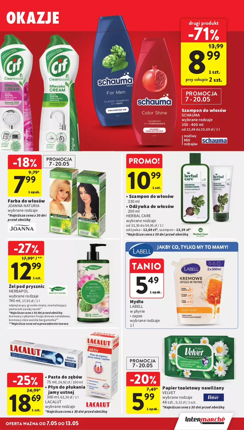 Gazetka promocyjna Intermarche - Gazetka promocyjna - ważna 07.05 do 13.05.2026 - strona 39 - produkty: Bell, Cyklamen, Fa, Farba do włosów, Herbapol, Joanna, Lacalut, Mięta, Mydło, Odżywka, Olej, Papier, Papier toaletowy, Pasta do zębów, Płyn do płukania, Róża, Sandał, Schauma, Szampon, Velvet