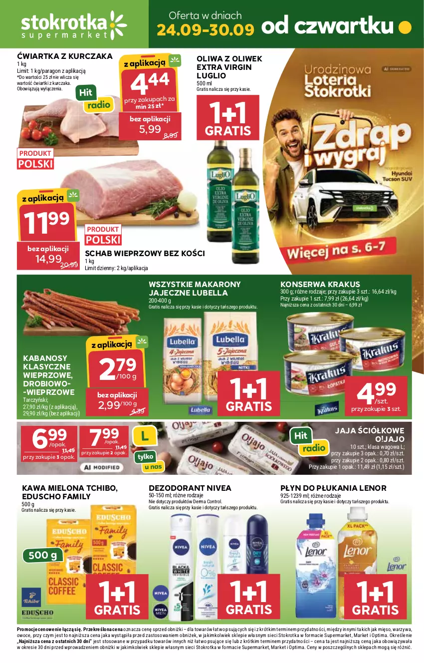 Gazetka promocyjna Stokrotka - Supermarket - ważna 24.09 do 30.09.2026 - strona 1 - produkty: Bell, Bella, Control, Dezodorant, Fa, Gin, Gra, Jaja, Kabanos, Kawa, Kawa mielona, Krakus, Kurczak, Lenor, Lubella, Makaron, Mięso, Nivea, Oliwa, Oliwa z oliwek, Optima, Owoce, Płyn do płukania, Schab wieprzowy, Ser, Tarczyński, Tchibo, Warzywa
