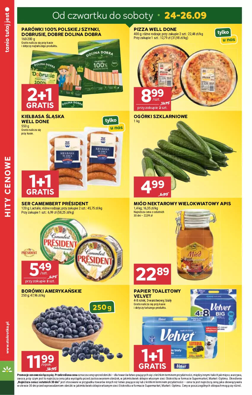 Gazetka promocyjna Stokrotka - Supermarket - ważna 24.09 do 30.09.2026 - strona 2 - produkty: Camembert, Gra, Kiełbasa, Kiełbasa śląska, Mięso, Miód, Nektar, Obrus, Optima, Owoce, Papier, Papier toaletowy, Parówki, Pizza, Président, Ser, Velvet, Warzywa