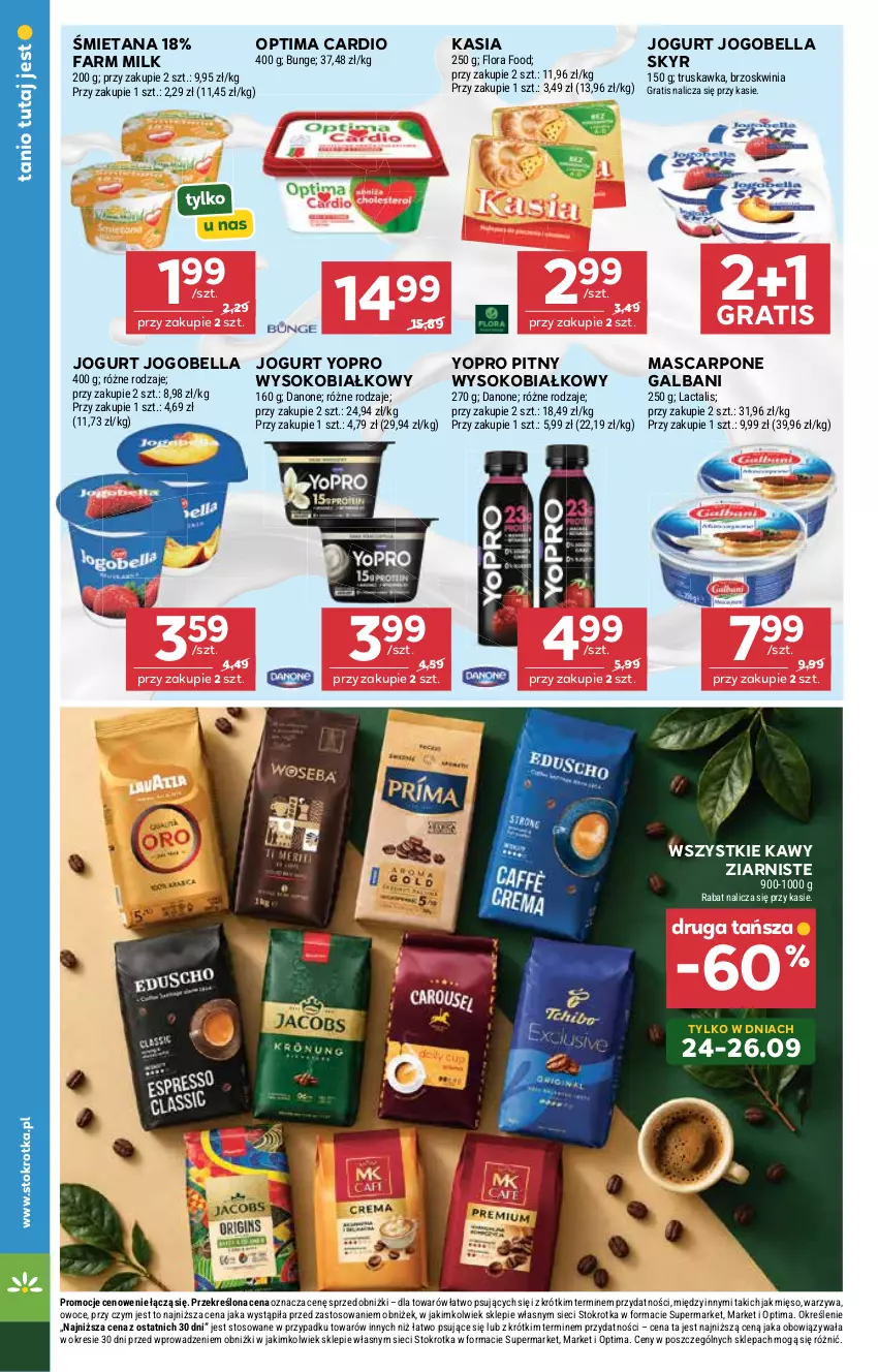 Gazetka promocyjna Stokrotka - Supermarket - ważna 24.09 do 30.09.2026 - strona 22 - produkty: Bell, Bella, Danone, Fa, Farm Milk, Flora, Galbani, Gra, Jogobella, Jogurt, Kasia, Mascarpone, Mięso, Optima, Optima Cardio, Owoce, Sok, Warzywa