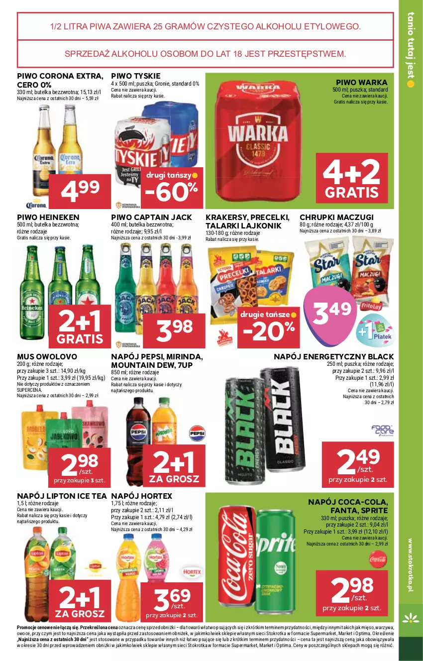 Gazetka promocyjna Stokrotka - Supermarket - ważna 24.09 do 30.09.2026 - strona 33 - produkty: 7up, Captain Jack, Chrupki, Coca-Cola, Corona Extra, Fa, Fanta, Gra, Heineken, Hortex, Ice tea, Krakersy, Lack, Lajkonik, Lipton, Mięso, Mirinda, Mus, Napój, Napój energetyczny, Optima, Owoce, Pepsi, Piwa, Piwo, Precelki, Sprite, Tyskie, Warka, Warzywa