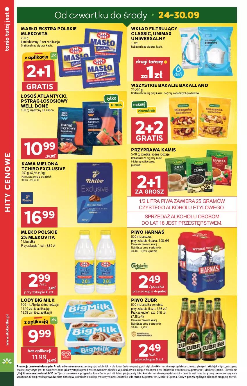 Gazetka promocyjna Stokrotka - Supermarket - ważna 24.09 do 30.09.2026 - strona 4 - produkty: Algida, Bakalland, Big Milk, Gra, Harnaś, Kamis, Kawa, Kawa mielona, LG, Lody, Masło, Mięso, Mleko, Mlekovita, Optima, Owoce, Piwa, Piwo, Pstrąg, Pstrąg łososiowy, Sos, Tchibo, Torebka, Warzywa, Wkład filtrujący