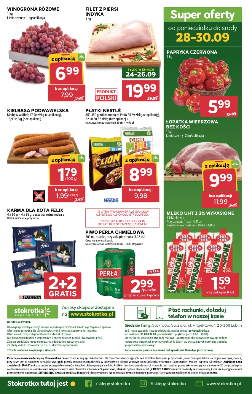 Gazetka promocyjna Stokrotka - Supermarket - ważna 24.09 do 30.09.2026 - strona 42 - produkty: Dres, Felix, Filet z piersi indyka, Gra, Kiełbasa, Kiełbasa podwawelska, Mięso, Mleko, Mlekovita, Nestlé, O nas, Optima, Owoce, Papryka, Papryka czerwona, Perła, Piwa, Piwo, Telefon, Wagi, Warzywa, Wawel, Wino, Winogrona