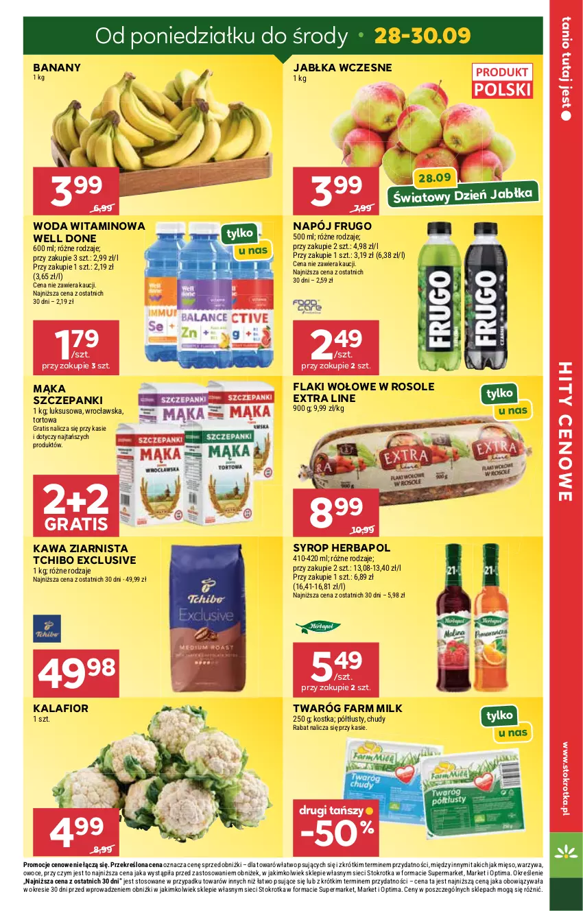 Gazetka promocyjna Stokrotka - Supermarket - ważna 24.09 do 30.09.2026 - strona 5 - produkty: Banany, Fa, Farm Milk, Flaki, Flaki wołowe, Gra, Herbapol, Jabłka, Kalafior, Kawa, Kawa ziarnista, Mąka, Mięso, Napój, Optima, Owoce, Syrop, Tchibo, Twaróg, Warzywa, Woda
