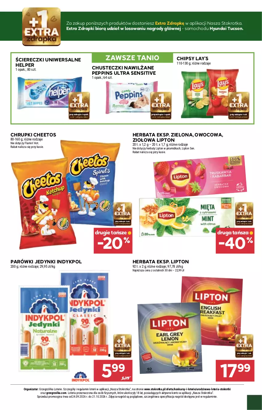 Gazetka promocyjna Stokrotka - Supermarket - ważna 24.09 do 30.09.2026 - strona 7 - produkty: Cheetos, Chipsy, Chrupki, Chusteczki, Herbata, Lay’s, Lipton, Parówki