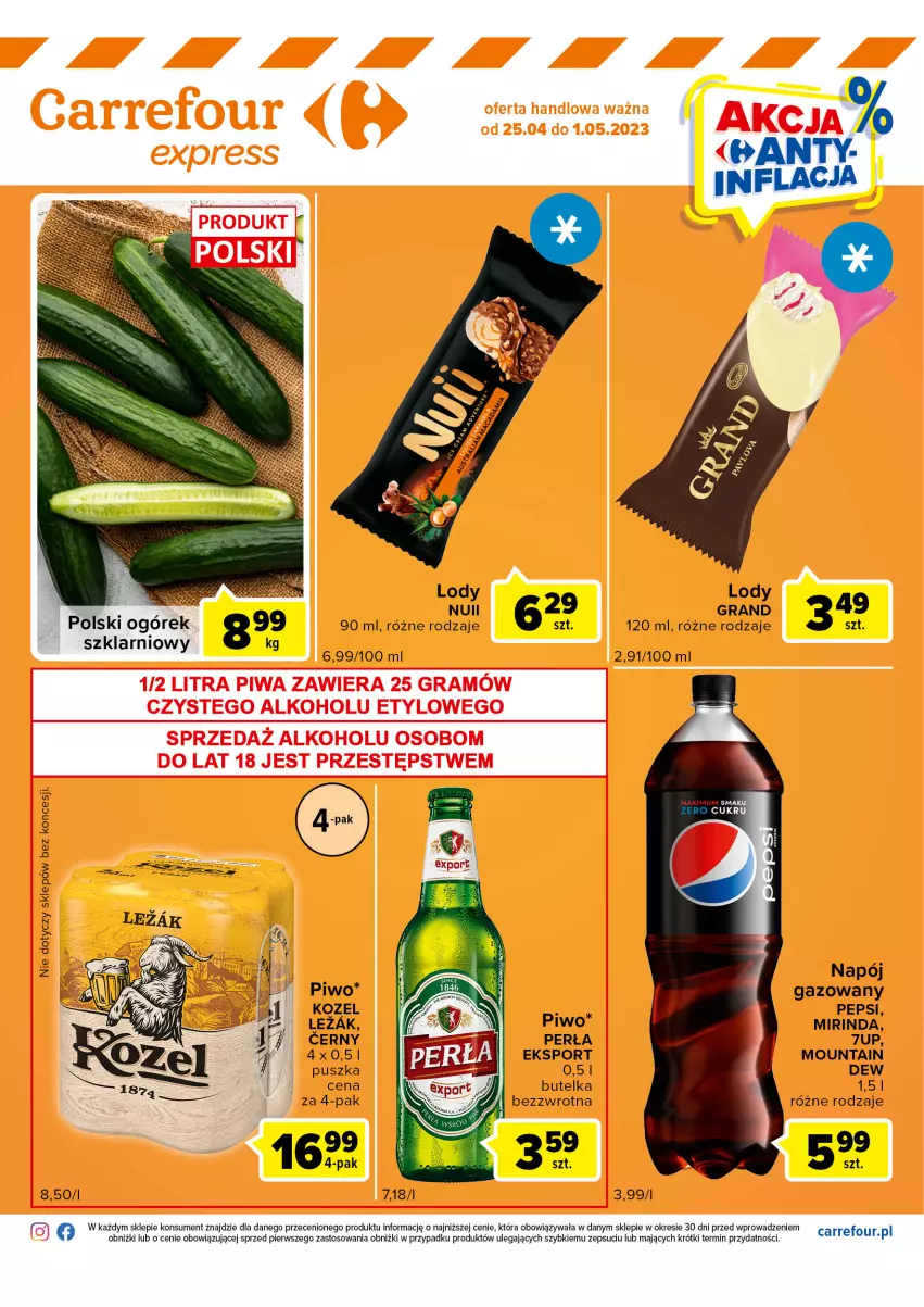 Gazetka promocyjna Carrefour - Gazetka Express - ważna 25.04 do 01.05.2023 - strona 2 - produkty: 7up, Gra, Lody, Mirinda, Napój, Napój gazowany, Pepsi, Perła, Piwa, Piwo, Por, Sport