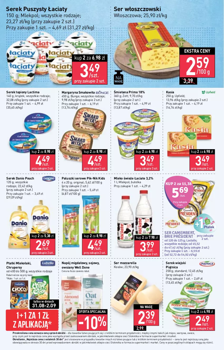 Gazetka promocyjna Stokrotka - Market - ważna 31.08 do 06.09.2023 - strona 10 - produkty: Brie, Camembert, Danio, Gin, Kasia, Margaryna, Mięso, Mleko, Mozzarella, Napój, Owoce, Piątnica, Président, Ser, Serek, Serek puszysty, Serek wiejski, Smakowita, Top, Warzywa, Włoszczowski, Zott