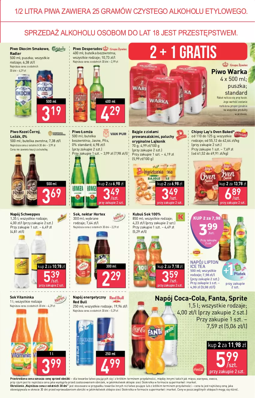 Gazetka promocyjna Stokrotka - Market - ważna 31.08 do 06.09.2023 - strona 13 - produkty: Bajgle, Chipsy, Coca-Cola, Desperados, Fa, Fanta, Gin, Gra, Hortex, Ice tea, Inka, Koc, Kozel, Kubuś, Lajkonik, Lay’s, Lipton, Mięso, Napój, Napój energetyczny, Nektar, Okocim, Owoce, Piwa, Piwo, Por, Radler, Red Bull, Schweppes, Sok, Sprite, Warka, Warzywa