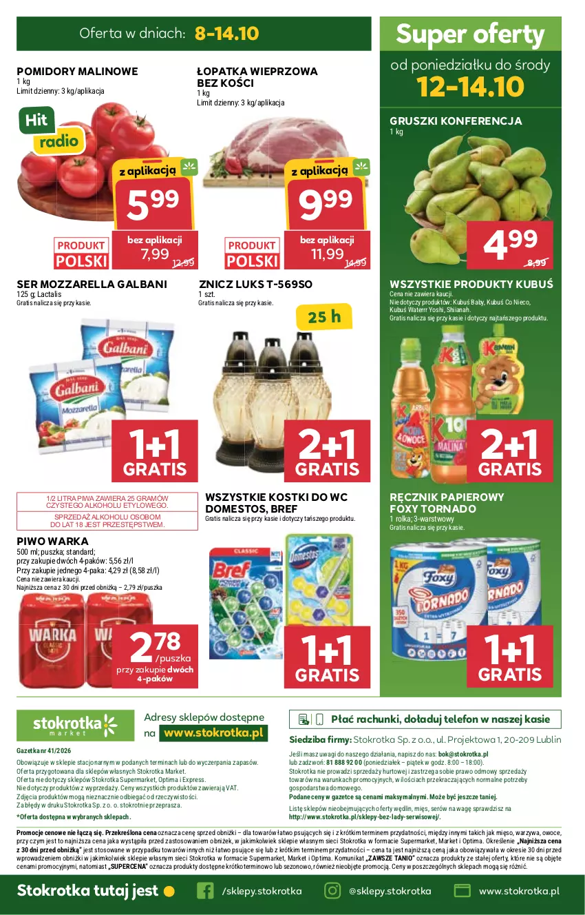 Gazetka promocyjna Stokrotka - Market - ważna 08.10 do 14.10.2026 - strona 33 - produkty: Bref, Domestos, Dres, Foxy, Galbani, Gra, Gruszki, Kubuś, Kubuś Waterrr, Mięso, Mozzarella, O nas, Optima, Owoce, Papier, Piwa, Piwo, Pomidory, Ręcznik, Ser, Telefon, Wagi, Warka, Warzywa, Znicz