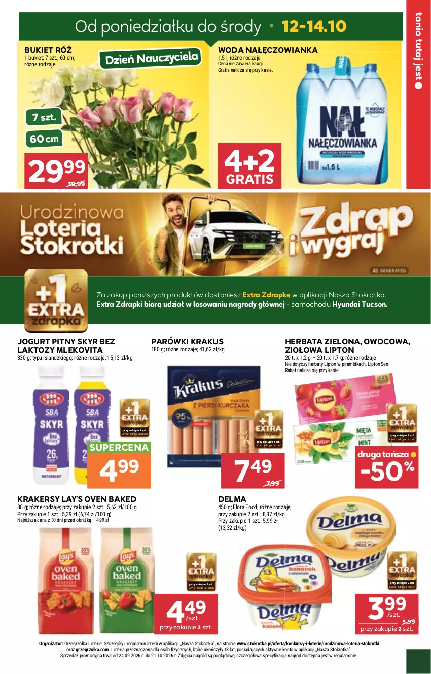 Gazetka promocyjna Stokrotka - Market - ważna 08.10 do 14.10.2026 - strona 5 - produkty: Bukiet, Delma, Flora, Gra, Herbata, Isla, Jogurt, Jogurt pitny, Krakersy, Krakus, Lay’s, Lipton, Mleko, Mlekovita, Nałęczowianka, Parówki, Woda