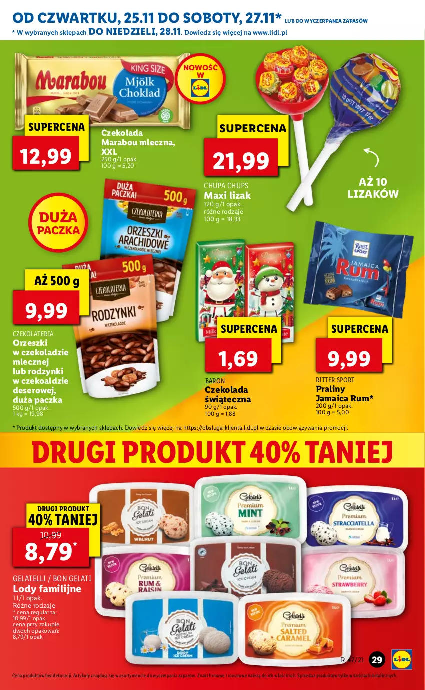 Gazetka promocyjna Lidl - GAZETKA OD 25.11 DO 28.11 - ważna 25.11 do 28.11.2021 - strona 29 - produkty: Chupa Chups, Czekolada, Deser, Fa, Lody, Orzeszki, Por, Praliny, Ritter Sport, Rodzynki, Rum, Ser, Sport