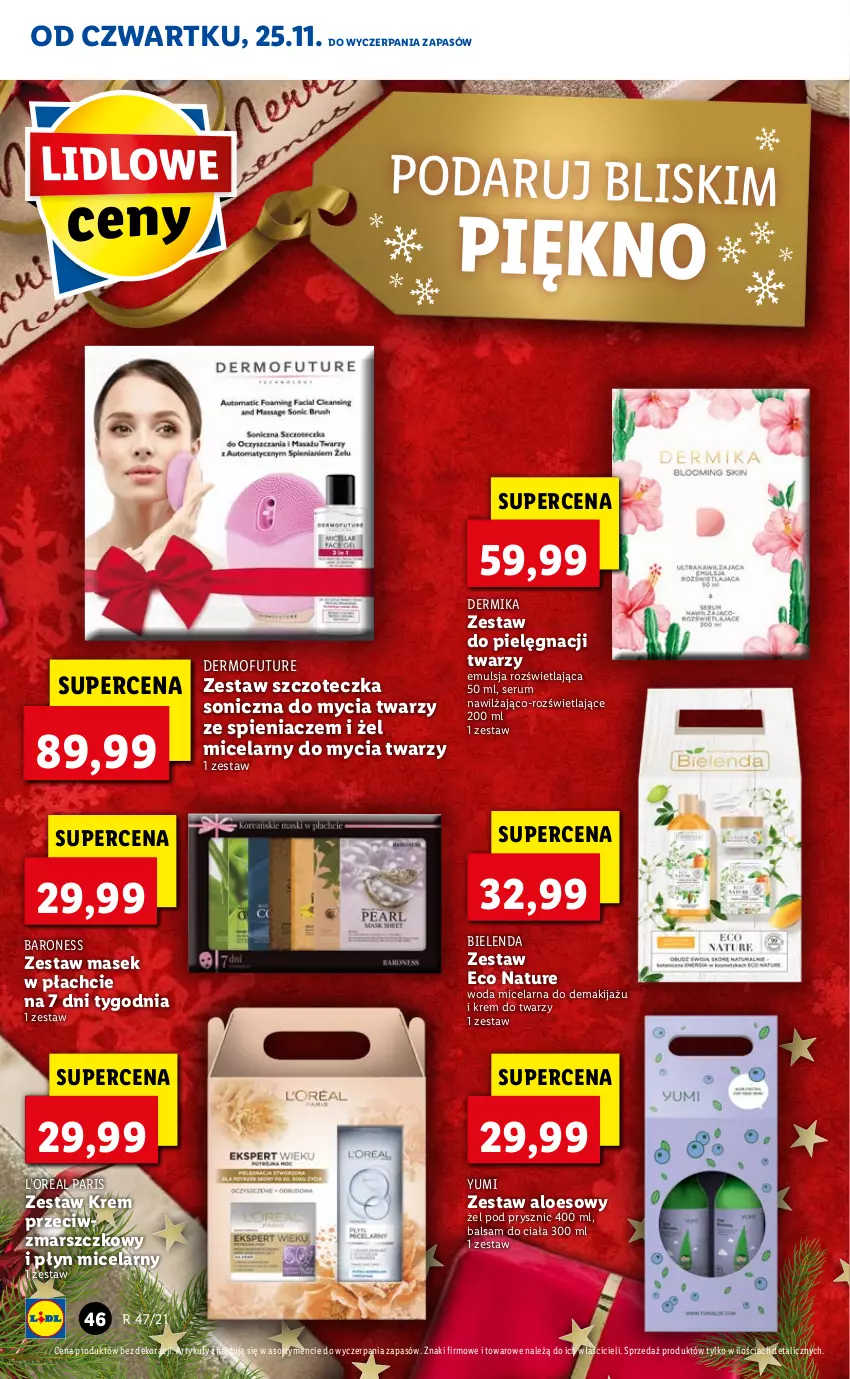 Gazetka promocyjna Lidl - GAZETKA OD 25.11 DO 28.11 - ważna 25.11 do 28.11.2021 - strona 46 - produkty: Balsam do ciała, Bielenda, Dermika, Dermofuture, Emulsja, Krem do twarzy, Krem przeciwzmarszczkowy, Makijaż, Mars, Płyn micelarny, Rum, Ser, Serum, Szczoteczka, Szczoteczka soniczna, Woda, Woda micelarna