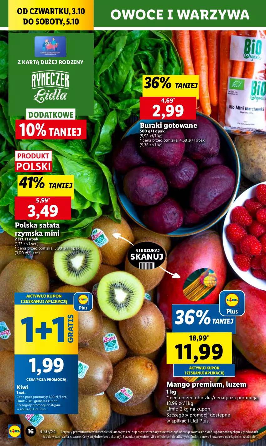 Gazetka promocyjna Lidl - GAZETKA - ważna 03.10 do 05.10.2024 - strona 22 - produkty: Buraki, Chleb, Gra, Kiwi, Mango, Owoce, Sałat, Ser, Warzywa