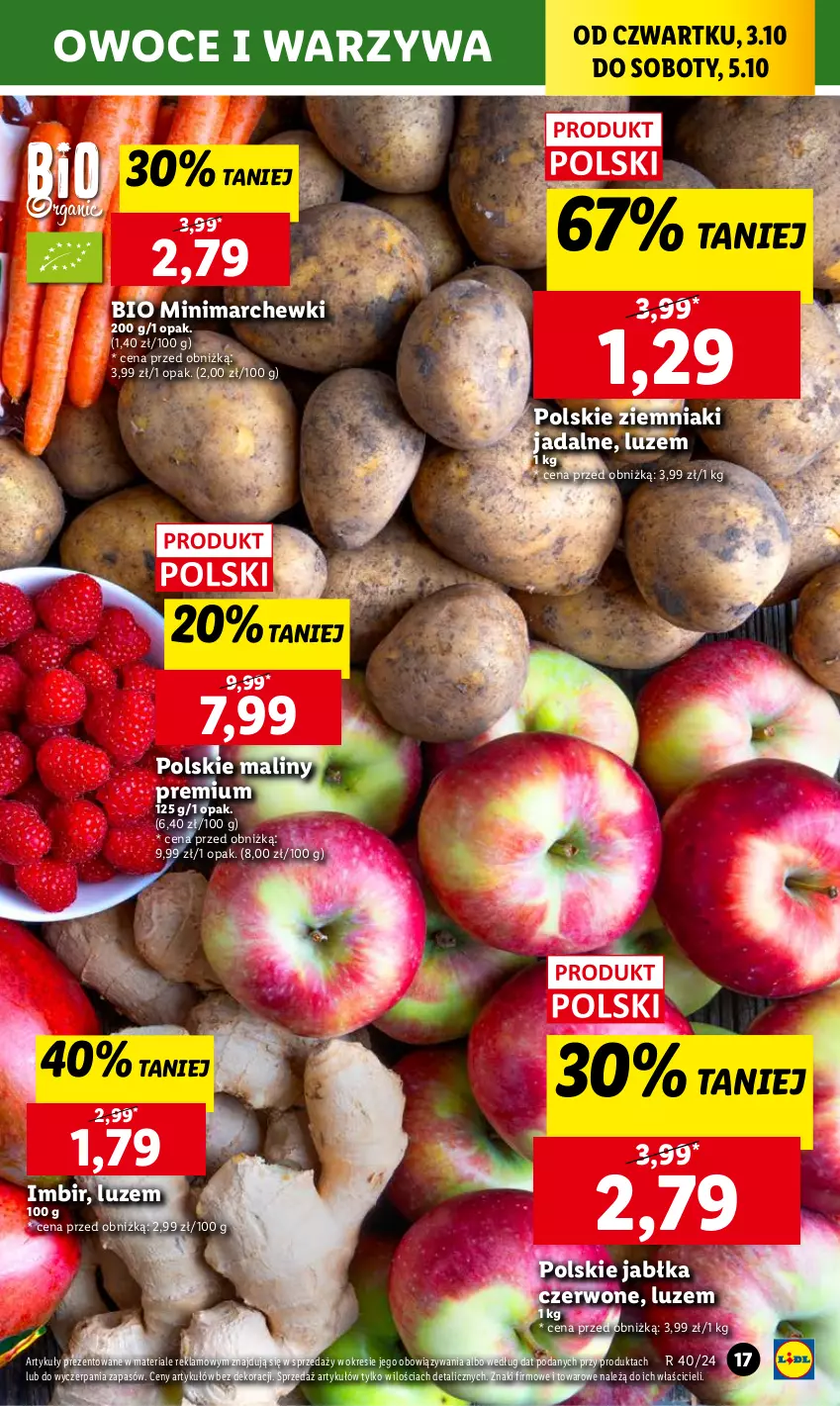 Gazetka promocyjna Lidl - GAZETKA - ważna 03.10 do 05.10.2024 - strona 23 - produkty: Imbir, Jabłka, Maliny, Owoce, Warzywa, Ziemniaki